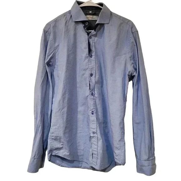 Ethan Williams Men's Blue w Polka-dot Cotton Dress Shirt EUC sz L Pit to pit 19 - Picture 1 of 8